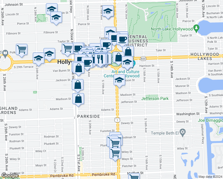 map of restaurants, bars, coffee shops, grocery stores, and more near 1813 Madison Street in Hollywood