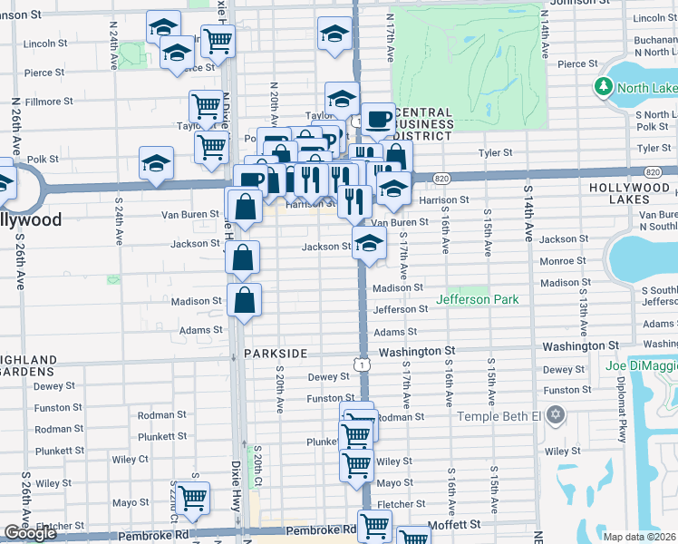 map of restaurants, bars, coffee shops, grocery stores, and more near 1813 Madison Street in Hollywood