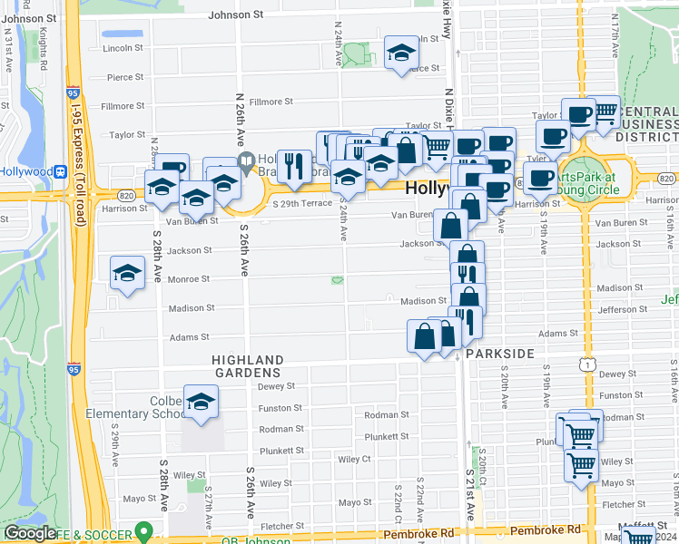 map of restaurants, bars, coffee shops, grocery stores, and more near 515 South 24th Avenue in Hollywood