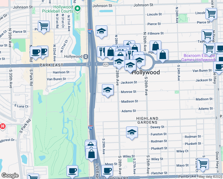 map of restaurants, bars, coffee shops, grocery stores, and more near 2836 Monroe Street in Hollywood