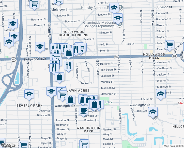 map of restaurants, bars, coffee shops, grocery stores, and more near 403 South 57th Avenue in Hollywood