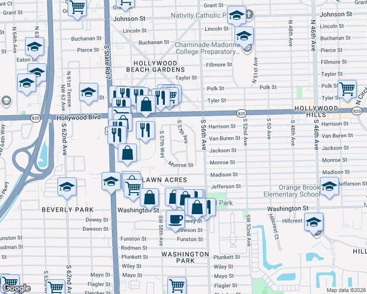 map of restaurants, bars, coffee shops, grocery stores, and more near 403 South 57th Avenue in Hollywood