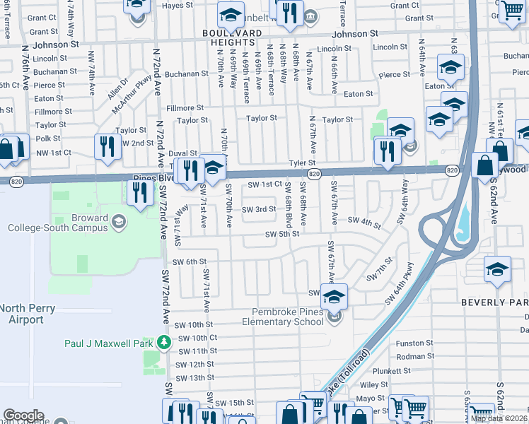 map of restaurants, bars, coffee shops, grocery stores, and more near 6930 Southwest 4th Street in Pembroke Pines