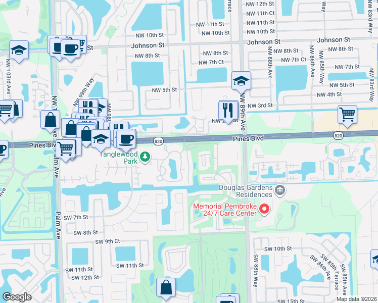 map of restaurants, bars, coffee shops, grocery stores, and more near 150 South Hollybrook Terrace in Pembroke Pines