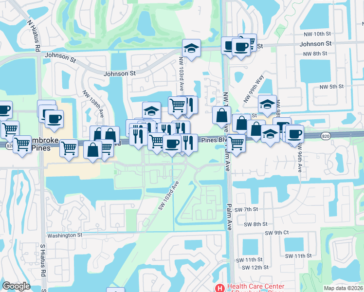 map of restaurants, bars, coffee shops, grocery stores, and more near 10350 Pines Boulevard in Pembroke Pines
