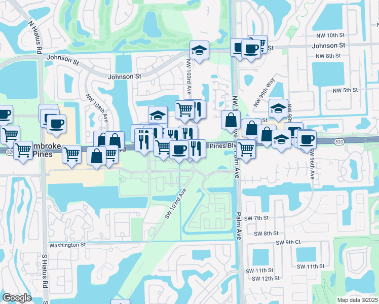 map of restaurants, bars, coffee shops, grocery stores, and more near 10350 Pines Boulevard in Pembroke Pines