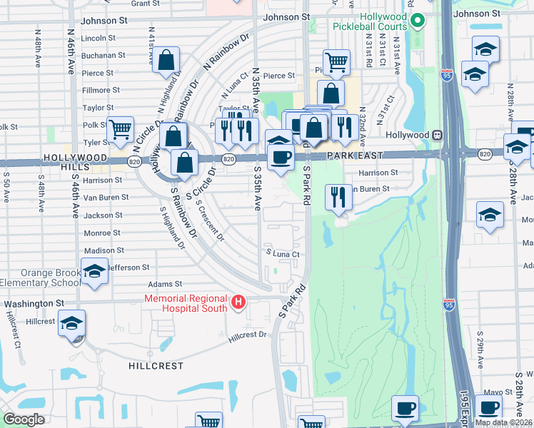 map of restaurants, bars, coffee shops, grocery stores, and more near 570 South Park Road in Hollywood