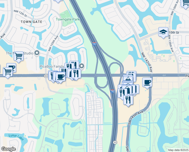 map of restaurants, bars, coffee shops, grocery stores, and more near 14836 Pines Boulevard in Pembroke Pines