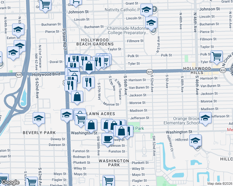 map of restaurants, bars, coffee shops, grocery stores, and more near 403 South 57th Avenue in Hollywood