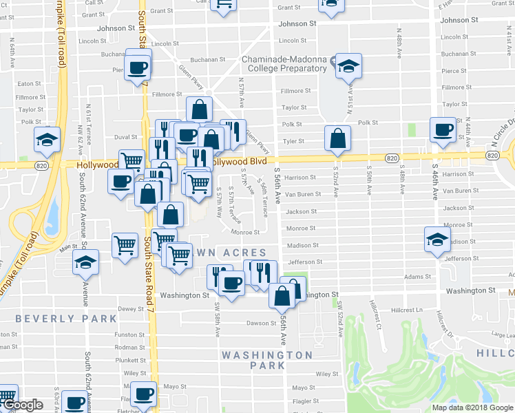 map of restaurants, bars, coffee shops, grocery stores, and more near 315 South 57th Avenue in Hollywood
