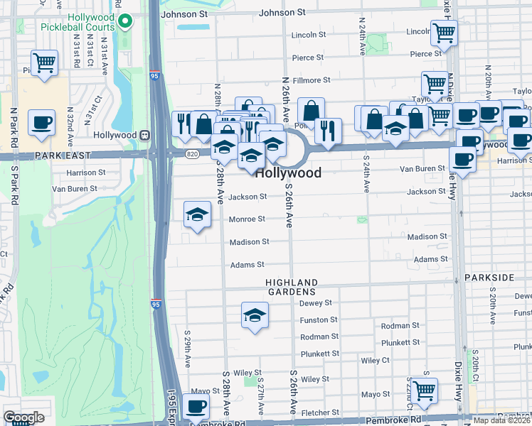 map of restaurants, bars, coffee shops, grocery stores, and more near 2630 Monroe Street in Hollywood