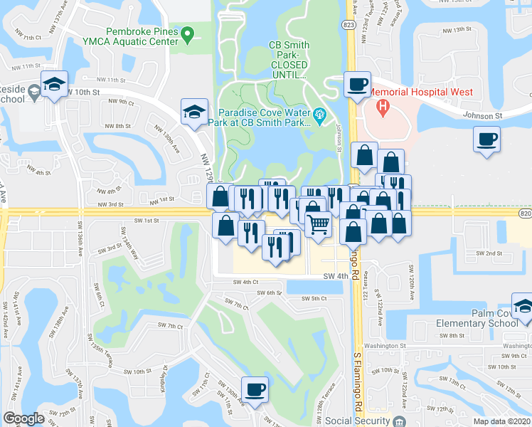 map of restaurants, bars, coffee shops, grocery stores, and more near 12638 Pines Blvd in Pembroke Pines