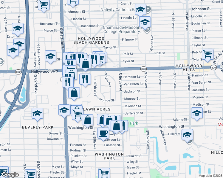 map of restaurants, bars, coffee shops, grocery stores, and more near 315 South 57th Avenue in Hollywood