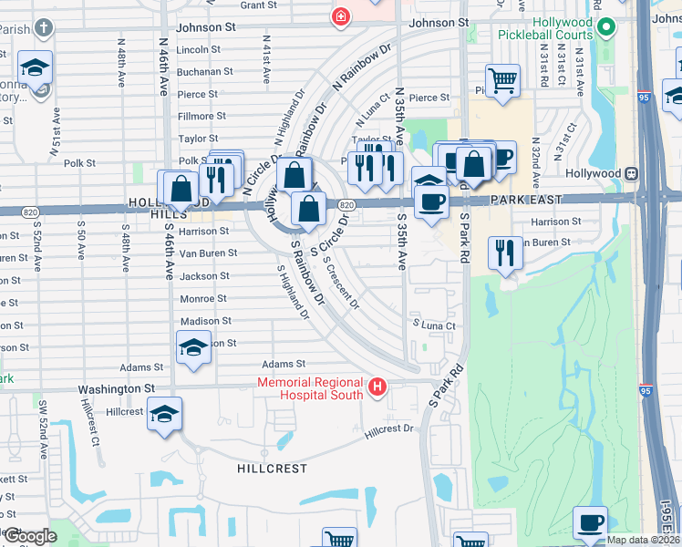 map of restaurants, bars, coffee shops, grocery stores, and more near 411 South Crescent Drive in Hollywood