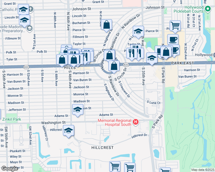 map of restaurants, bars, coffee shops, grocery stores, and more near 500 South Highland Drive in Hollywood