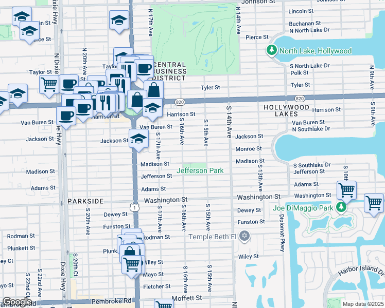 map of restaurants, bars, coffee shops, grocery stores, and more near 1519 Madison Street in Hollywood