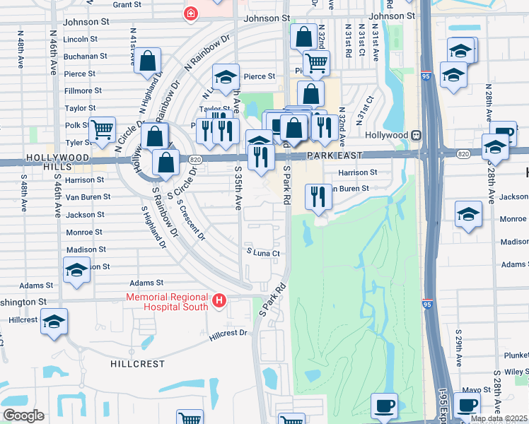 map of restaurants, bars, coffee shops, grocery stores, and more near 460 South Park Road in Hollywood