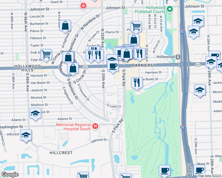 map of restaurants, bars, coffee shops, grocery stores, and more near 570 South Park Road in Hollywood
