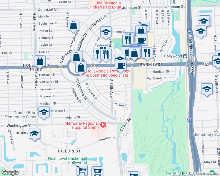 map of restaurants, bars, coffee shops, grocery stores, and more near 3600 Monroe Street in Hollywood