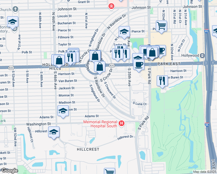 map of restaurants, bars, coffee shops, grocery stores, and more near 210 South Highland Court in Hollywood