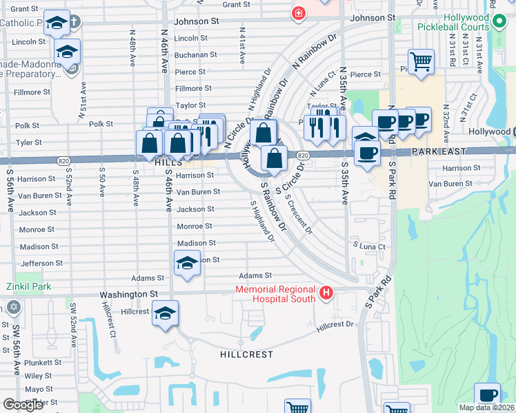 map of restaurants, bars, coffee shops, grocery stores, and more near 500 South Highland Drive in Hollywood