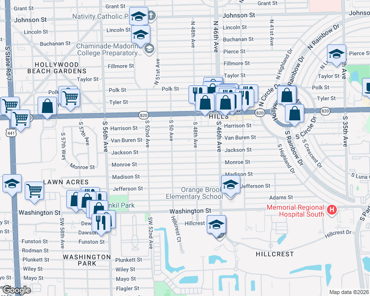 map of restaurants, bars, coffee shops, grocery stores, and more near 4920 Jackson Street in Hollywood
