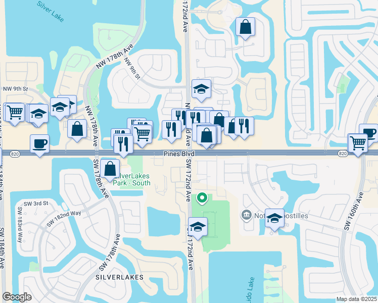 map of restaurants, bars, coffee shops, grocery stores, and more near Pines Blvd & NW 172nd Ave in Pembroke Pines