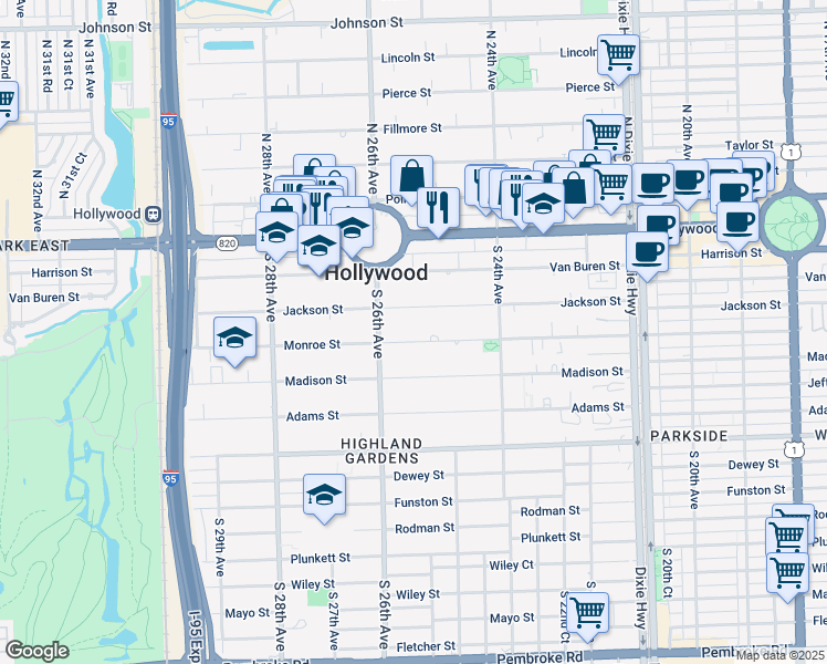 map of restaurants, bars, coffee shops, grocery stores, and more near 2500 Jackson Street in Hollywood