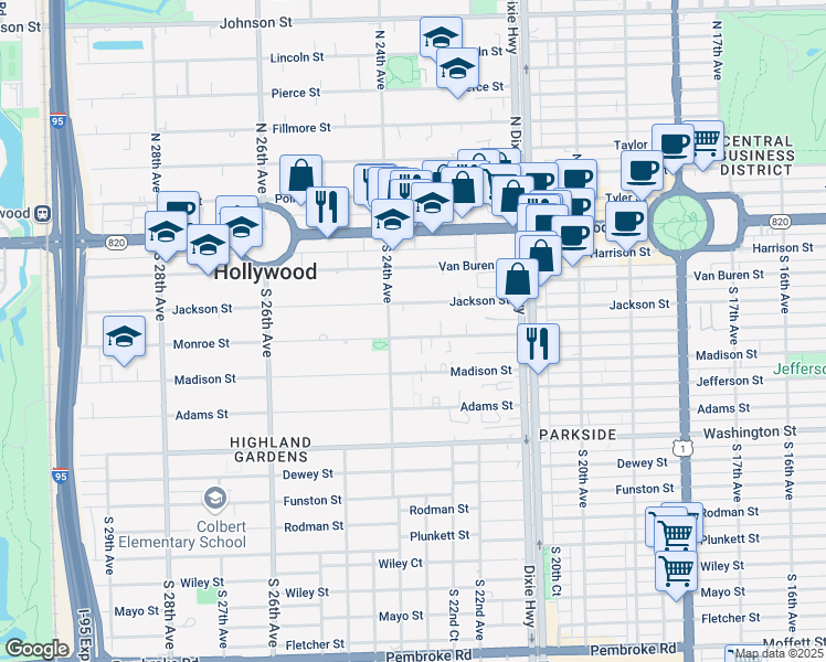map of restaurants, bars, coffee shops, grocery stores, and more near 2328 Jackson Street in Hollywood