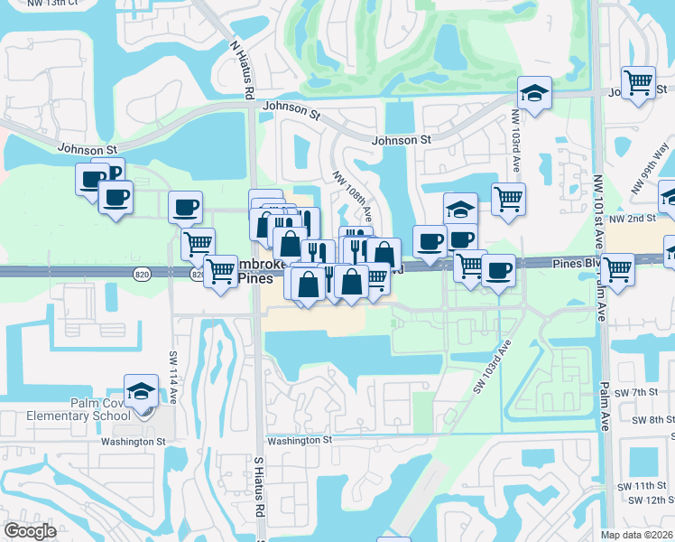 map of restaurants, bars, coffee shops, grocery stores, and more near 10834 Pines Blvd in Pembroke Pines