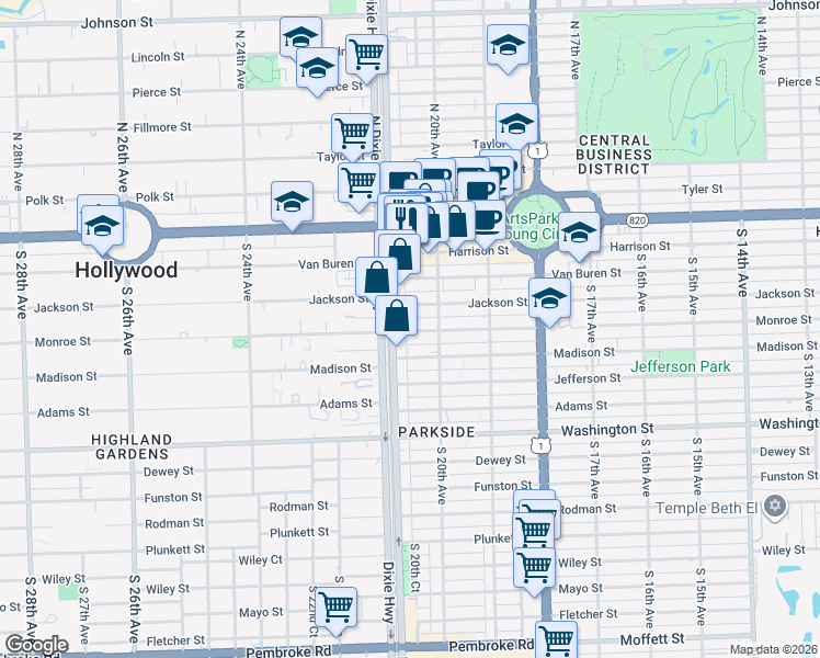 map of restaurants, bars, coffee shops, grocery stores, and more near 2030 Jackson Street in Hollywood