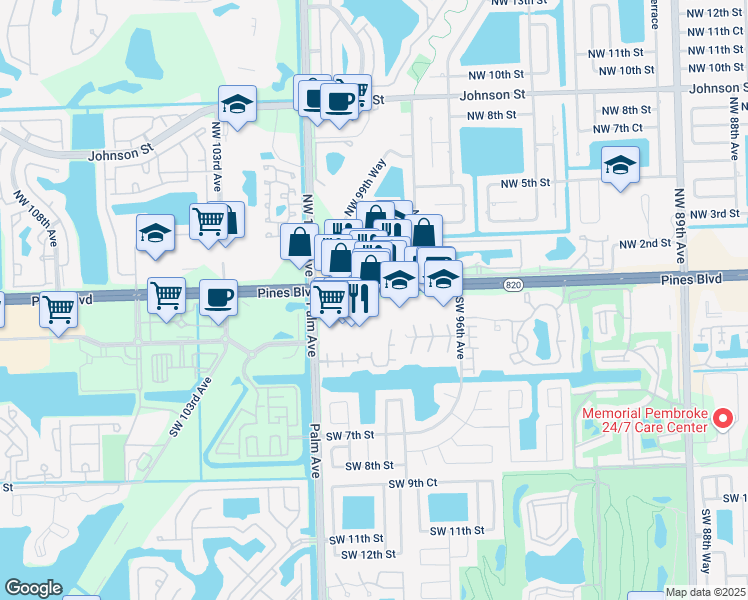 map of restaurants, bars, coffee shops, grocery stores, and more near 10016 Pines Boulevard in Pembroke Pines