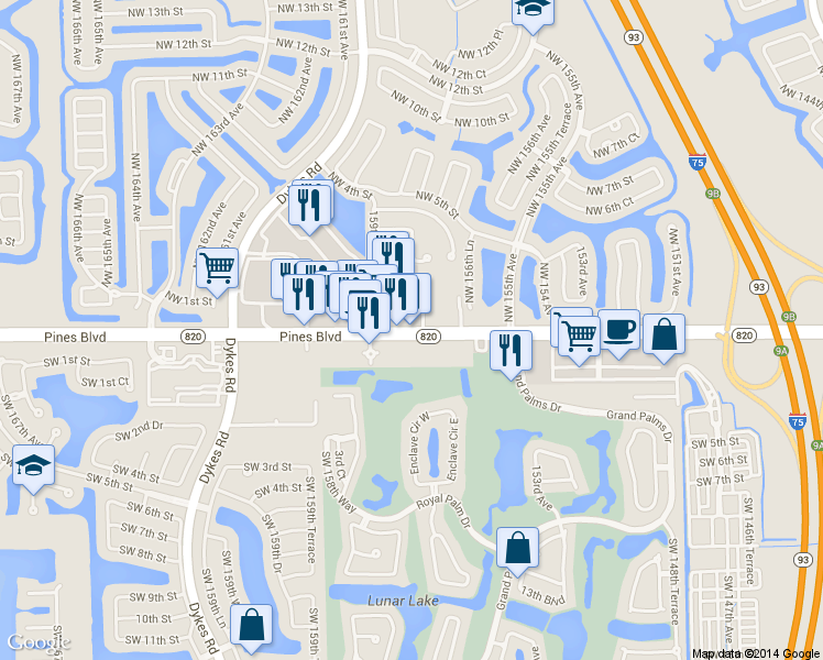 map of restaurants, bars, coffee shops, grocery stores, and more near 15703 Pines Boulevard in Pembroke Pines