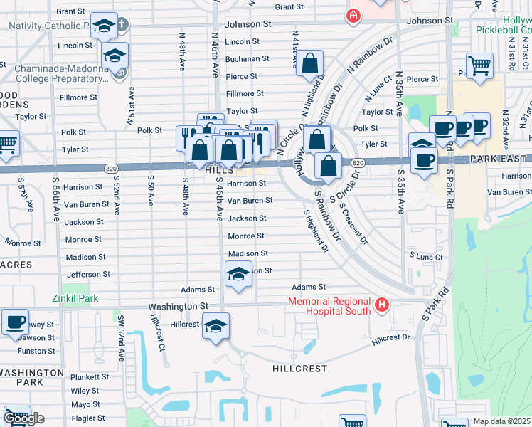 map of restaurants, bars, coffee shops, grocery stores, and more near 4320 Van Buren Street in Hollywood