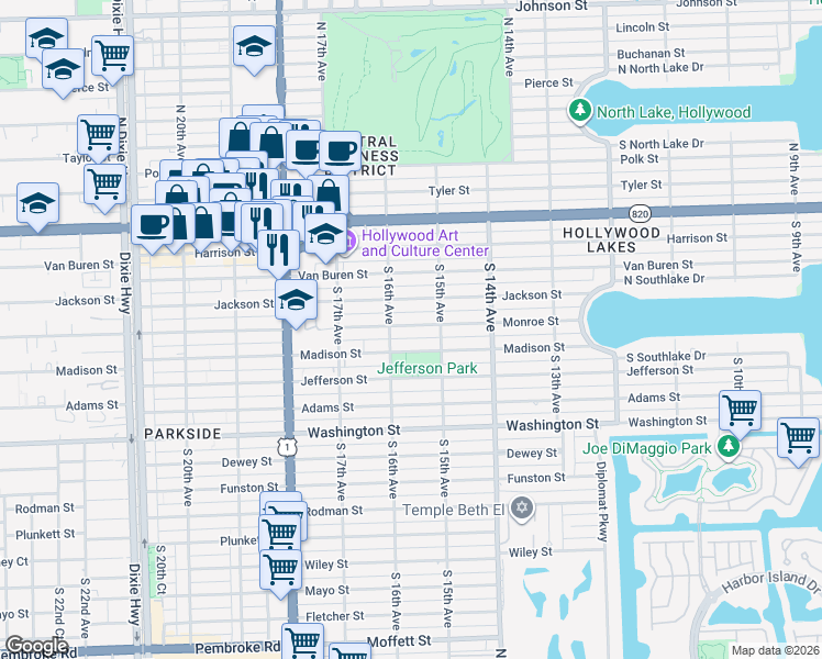 map of restaurants, bars, coffee shops, grocery stores, and more near 1512 Jackson Street in Hollywood