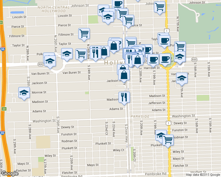 map of restaurants, bars, coffee shops, grocery stores, and more near 2200 Jackson Street in Hollywood