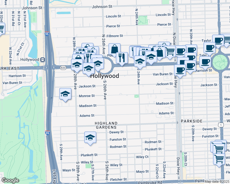 map of restaurants, bars, coffee shops, grocery stores, and more near 2500 Jackson Street in Hollywood