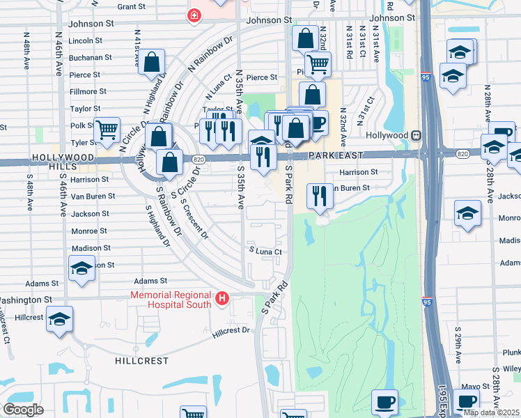 map of restaurants, bars, coffee shops, grocery stores, and more near 300 South Park Road in Hollywood