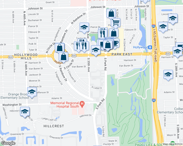 map of restaurants, bars, coffee shops, grocery stores, and more near 300 South Park Road in Hollywood