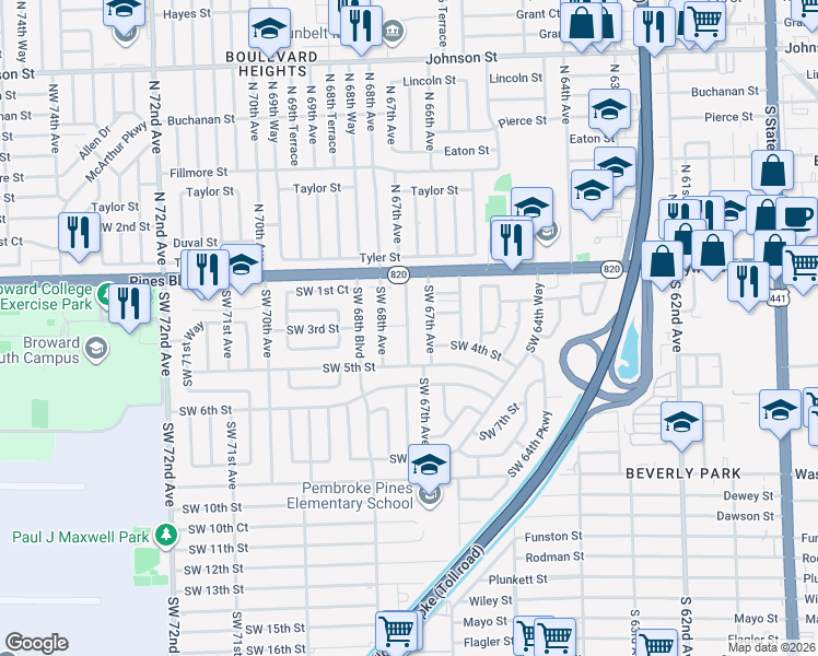map of restaurants, bars, coffee shops, grocery stores, and more near 210 Southwest 67th Avenue in Pembroke Pines
