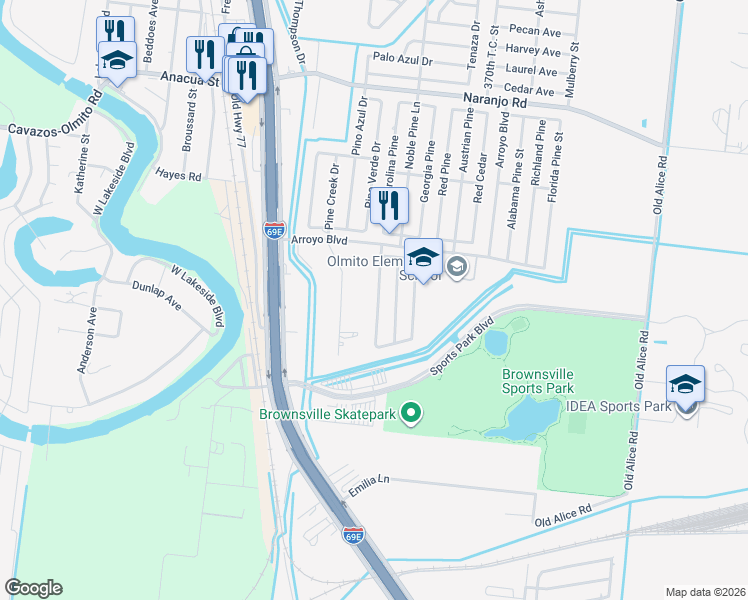 map of restaurants, bars, coffee shops, grocery stores, and more near 6872 Blue Spruce Street in Brownsville