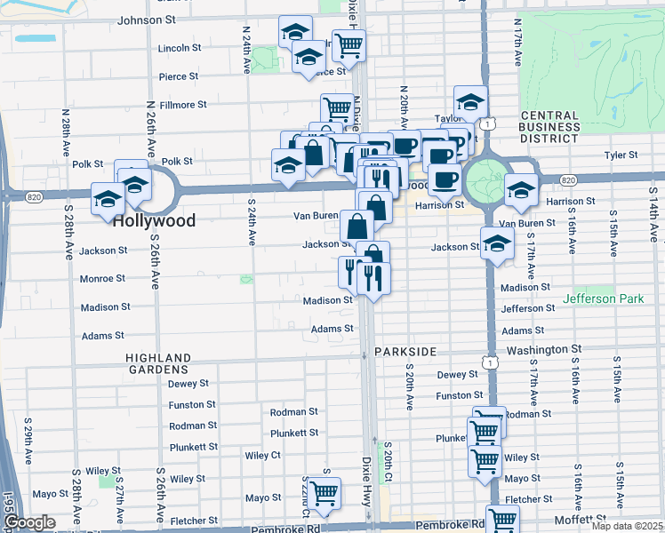 map of restaurants, bars, coffee shops, grocery stores, and more near 2200 Jackson Street in Hollywood