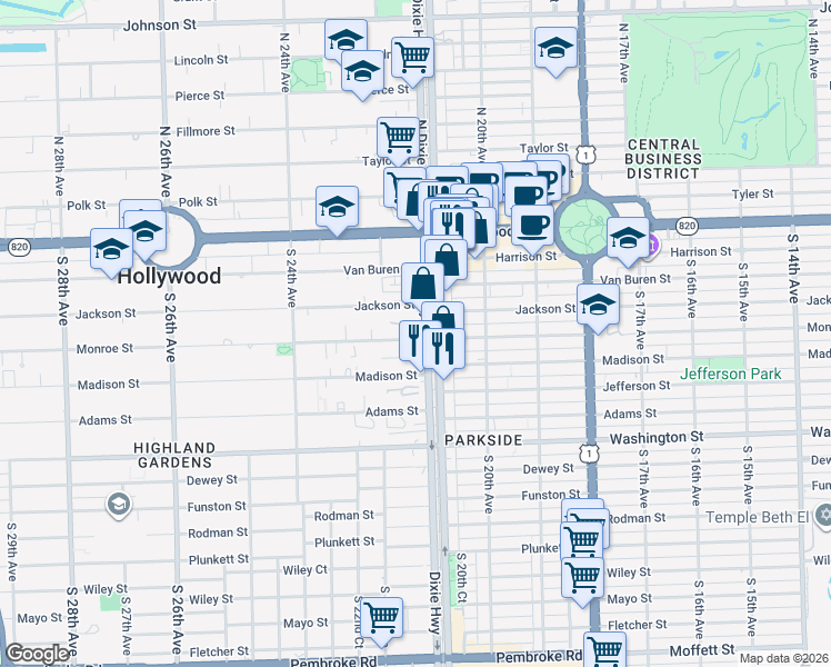 map of restaurants, bars, coffee shops, grocery stores, and more near 400 South Dixie Highway in Hollywood
