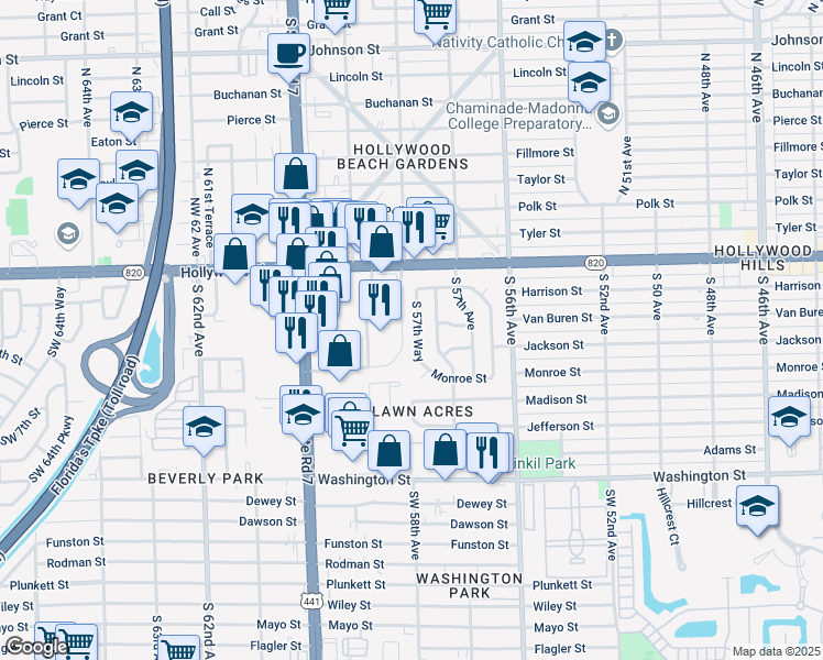 map of restaurants, bars, coffee shops, grocery stores, and more near 218 South 57th Way in Hollywood