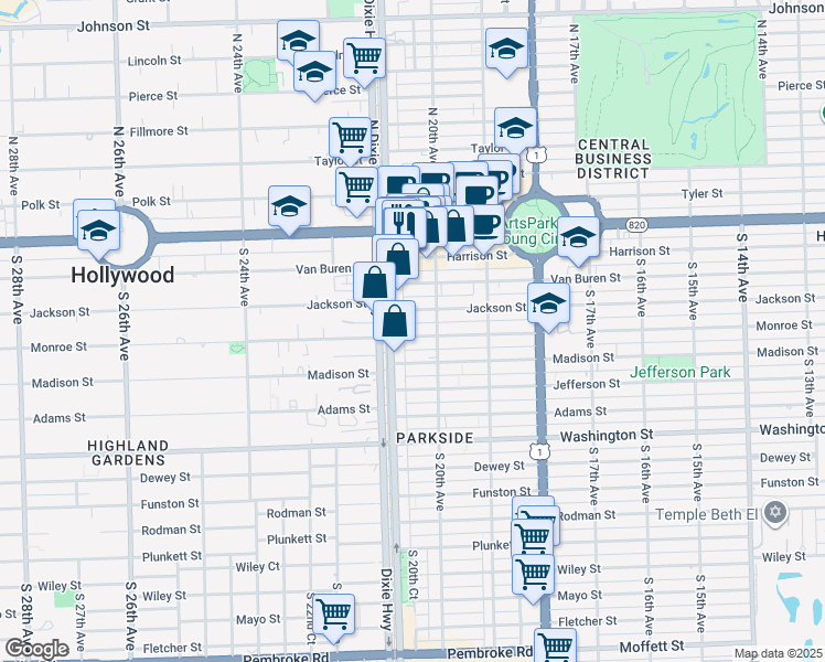 map of restaurants, bars, coffee shops, grocery stores, and more near 2030 Jackson Street in Hollywood