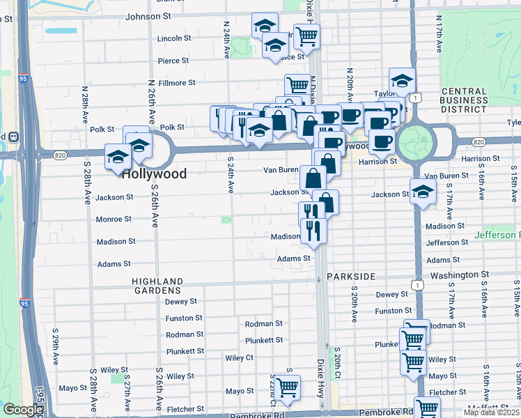 map of restaurants, bars, coffee shops, grocery stores, and more near 2236 Jackson Street in Hollywood