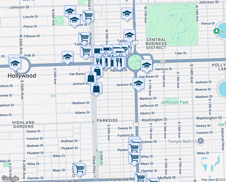 map of restaurants, bars, coffee shops, grocery stores, and more near 1990 Jackson Street in Hollywood