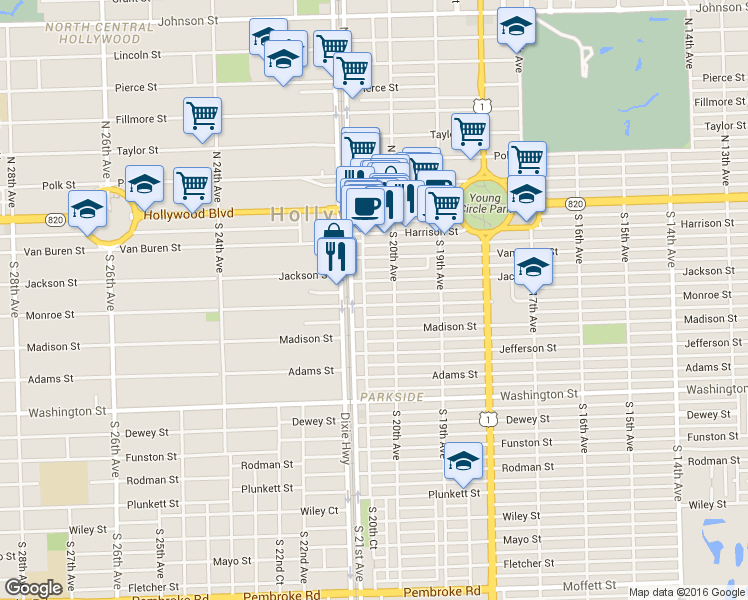 map of restaurants, bars, coffee shops, grocery stores, and more near 2030 Jackson Street in Hollywood