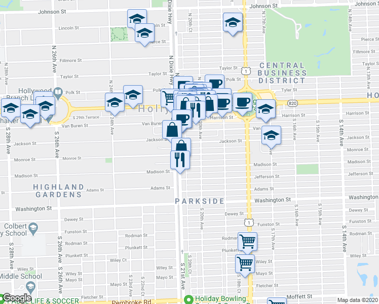 map of restaurants, bars, coffee shops, grocery stores, and more near 2030 Jackson Street in Hollywood