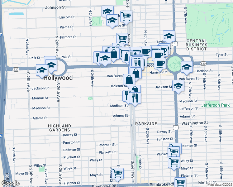 map of restaurants, bars, coffee shops, grocery stores, and more near 2200 Jackson Street in Hollywood
